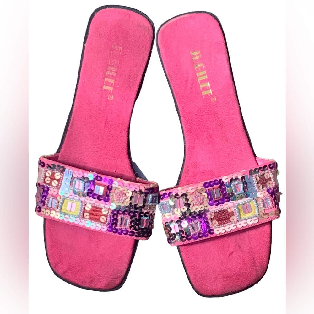 Jubilee Flat Sequined and Beaded Band Slip on Sandals Size 7 1/2